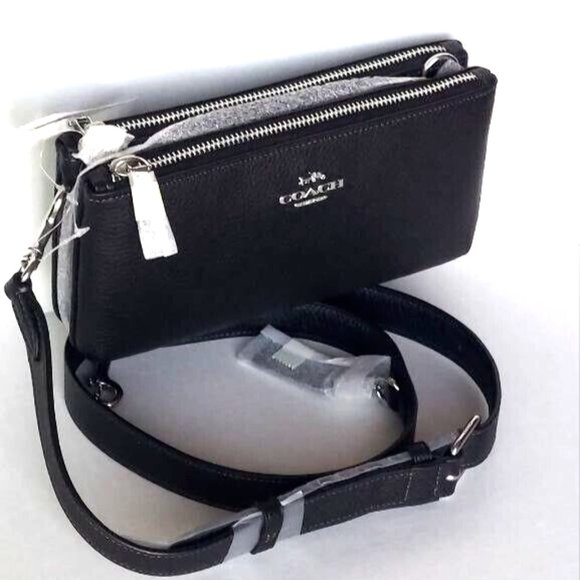 NWT Coach CJ789 Double Zip Crossbody in Refine Pebble Leather Clutch in Black - Picture 2 of 16